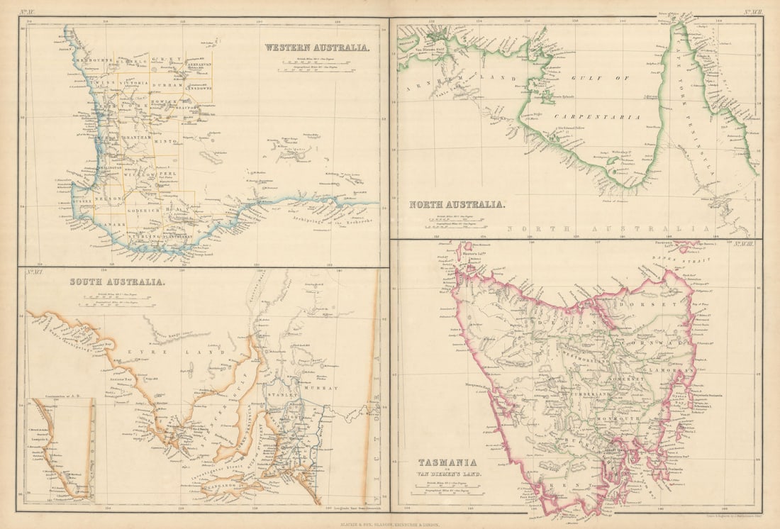 Western, South, North Australia. Tasmania Van Diemen's Land BARTHOLOMEW 1860 map (1 of 1)