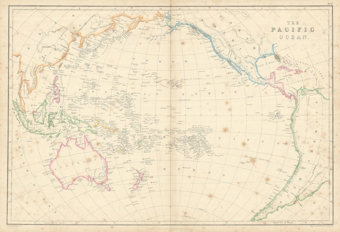 The Pacific Ocean by Edward Weller. Polynesia Micronesia Melanesia 1860 map: The Pacific Ocean'. New Zealand is divided into North and Middle Islands by Weller, Edward. Published 1860. Antique engraved atlas map with original hand colour/color. Size 37 x 53 cm | 14.5 x 21.0