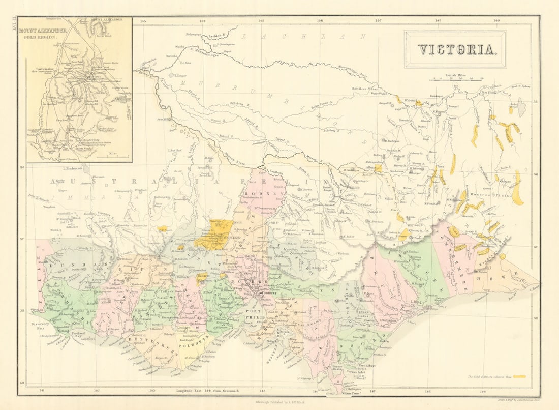 Victoria, Australia. Gold rush districts & Mount Alexander gold region 1854 map: Victoria [inset: Mount Alexander gold region]. John Bartholomew. Published 1854. Antique atlas map with original hand colouring / coloring. Size 30 x 41 cm | 12.0 x 16.0 inches. Condition: Good;