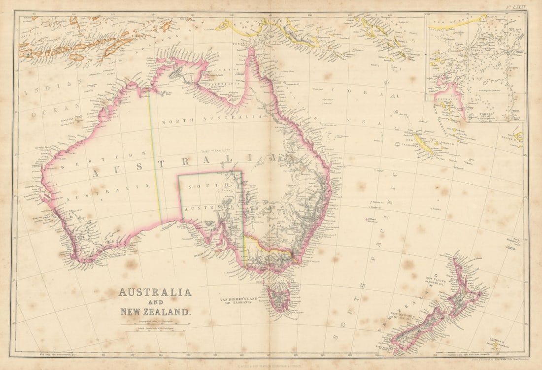 Australia & New Zealand. Torres Str. New Ulster/Munster/Leinster WELLER 1860 map: Australia and New Zealand // Torres Strait on An enlarged Scale'. The islands of New Zealand are named with their early colonial names. Today's North Island is named as "New Ulster or North Island",