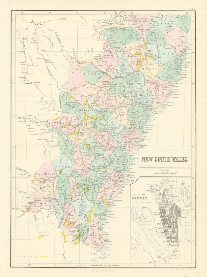 New South Wales showing gold rush districts. Inset Sydney city plan 1854 map: New South Wales [inset: plan of Sydney]. John Bartholomew. Published 1854. Antique atlas map with original hand colouring / coloring. Size 41 x 30 cm | 16.0 x 11.5 inches. Condition: Good; suitable fo