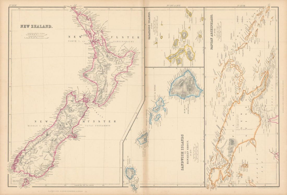 New Zealand Sandwich Galapagos Islands. Papuan Archipelago. Melanesia 1860 map: New Zealand. // Sandwich Islands, or Hawaiian Group, // Galapagos Islands // Papuan Archipelago'. The islands of New Zealand are named with their early colonial and Maori names. Today's North Island