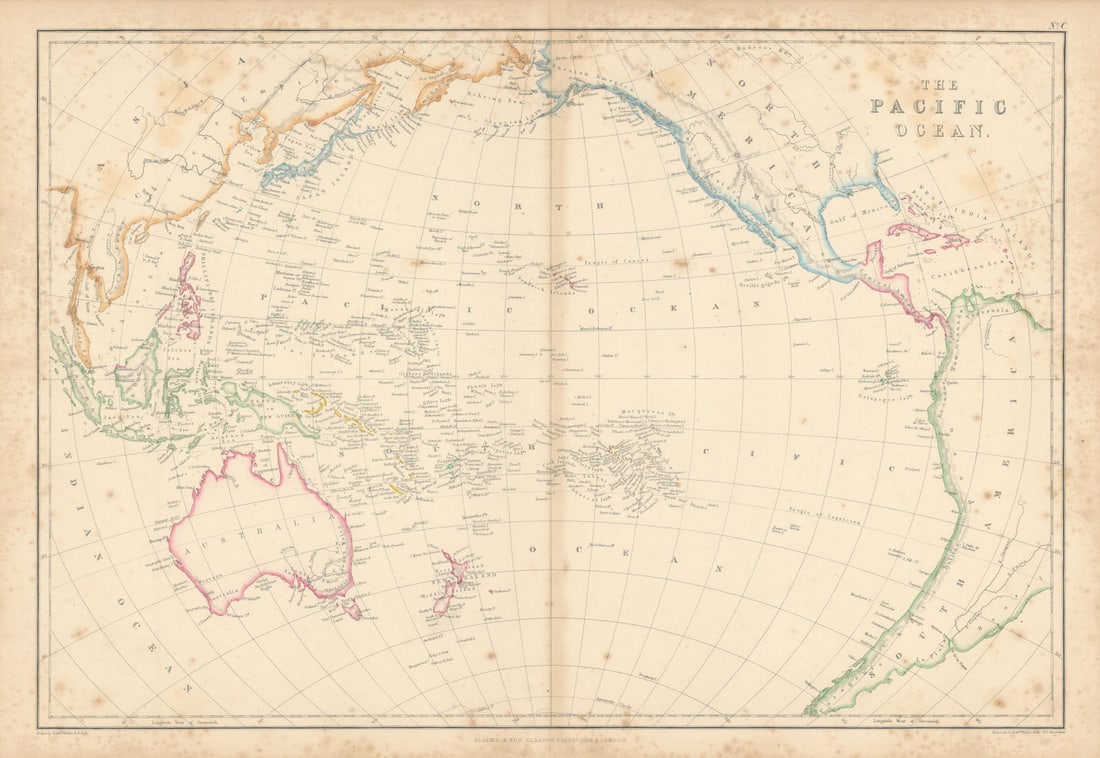 The Pacific Ocean by Edward Weller. Polynesia Micronesia Melanesia 1860 map: The Pacific Ocean'. New Zealand is divided into North and Middle Islands by Weller, Edward. Published 1860. Antique engraved atlas map with original hand colour/color. Size 37 x 53 cm | 14.5 x 21.0