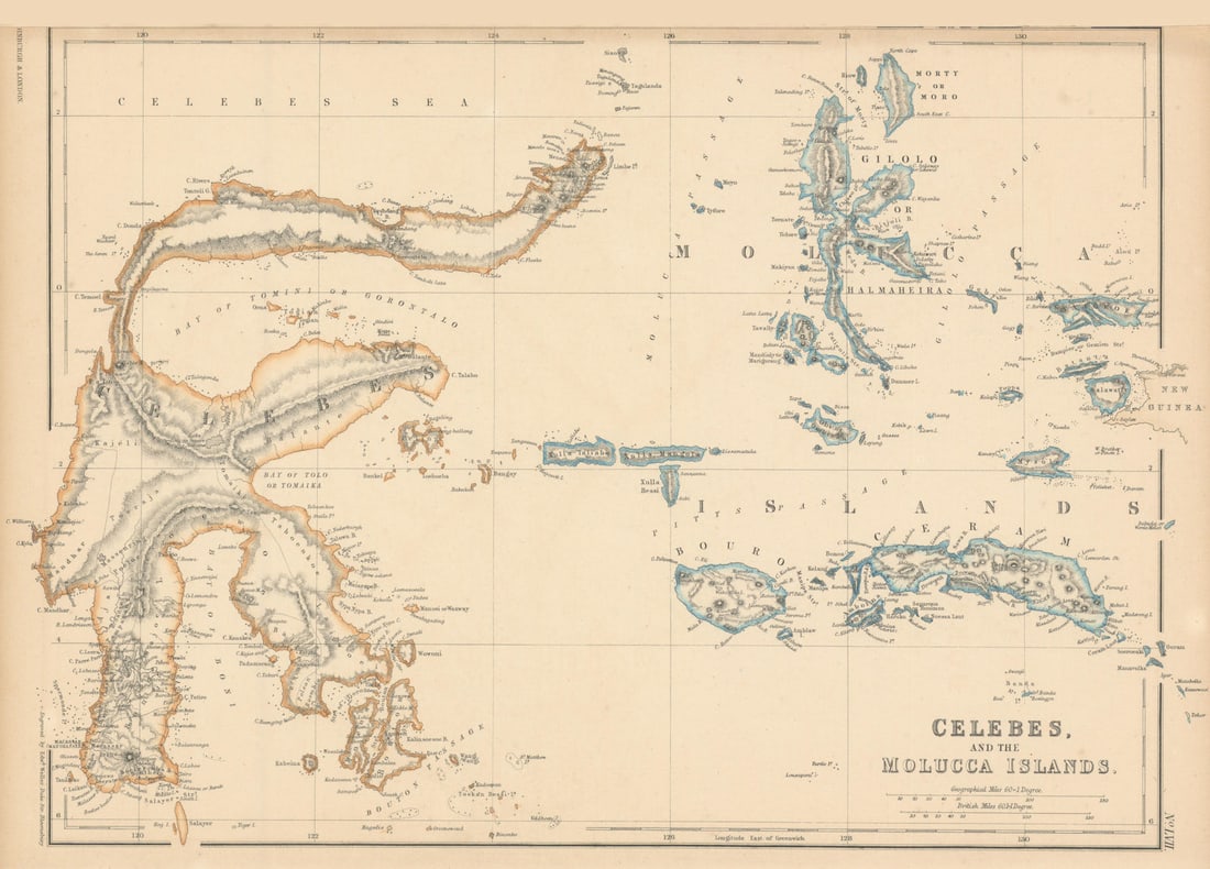 Celebes and the Molucca Islands by Edward Weller. Indonesia Sulawesi 1860 map: Celebes, and the Molucca Islands' by Weller, Edward. Published 1860. Antique engraved atlas map with original hand colour/color. Size 27 x 37 cm | 10.5 x 14.5 inches. Condition: Good; suitable for