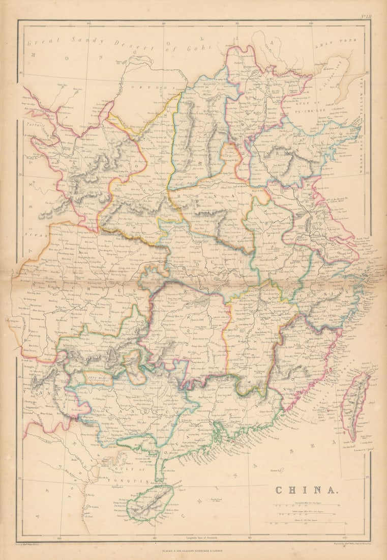 China in provinces by Edward Weller. Hong Kong Formosa/Taiwan 1860 old map: China' by Weller, Edward. Published 1860. Antique engraved atlas map with original hand colour/color. Size 53 x 38 cm | 21.0 x 15.0 inches. Condition: Fair-to-Good: Toning along centrefold. Please