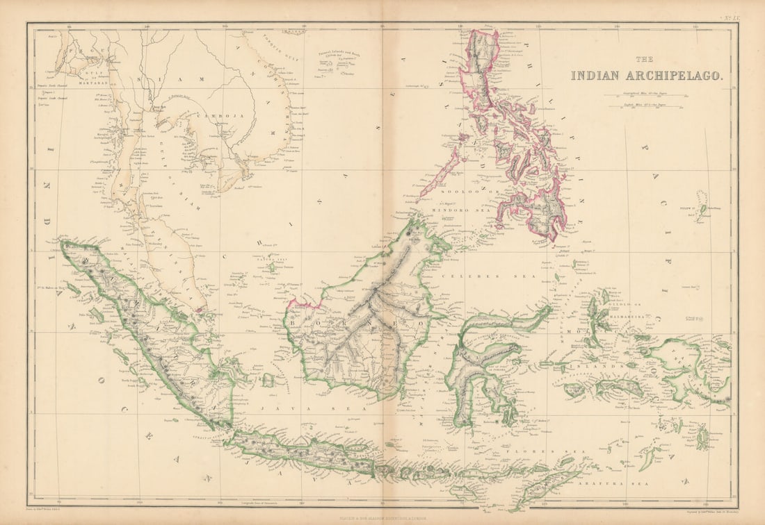 The Indian Archipelago. East Indies Indonesia Philippines. WELLER 1860 old map: The Indian Archipelago' by Weller, Edward. Published 1860. Antique engraved atlas map with original hand colour/color. Size 37 x 54 cm | 14.5 x 21.0 inches. Condition: Good; suitable for framing.