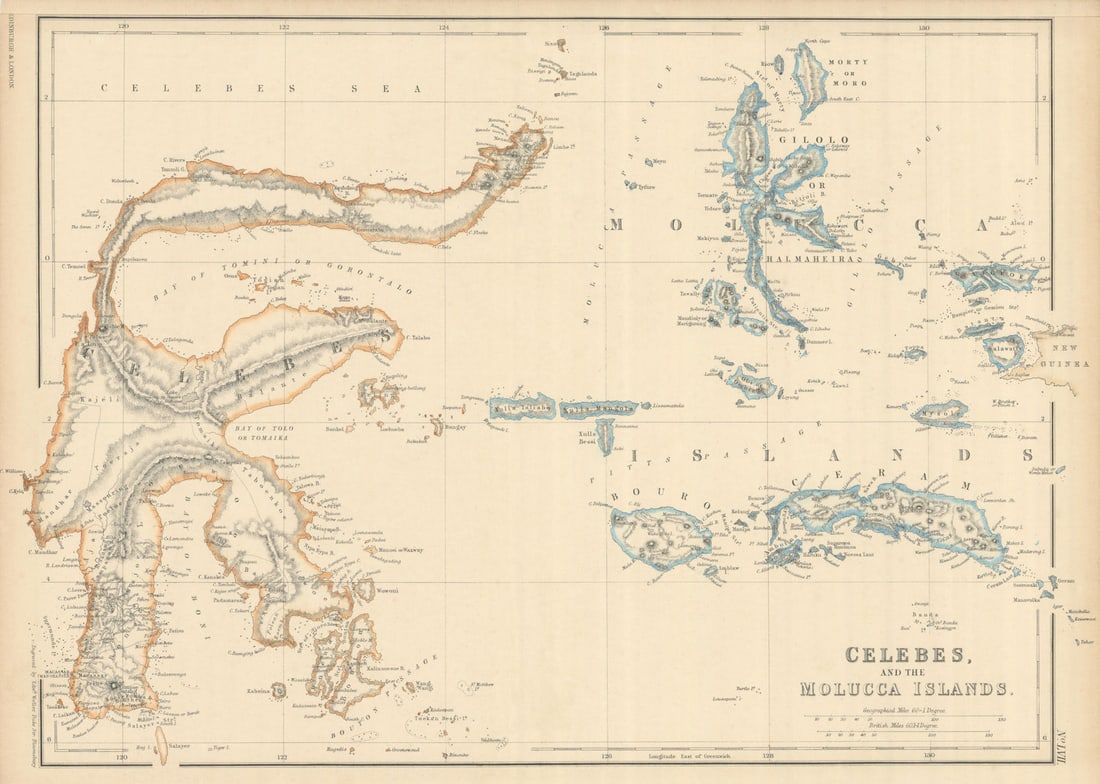 Celebes and the Molucca Islands by Edward Weller. Indonesia Sulawesi 1860 map: Celebes, and the Molucca Islands' by Weller, Edward. Published 1860. Antique engraved atlas map with original hand colour/color. Size 27 x 37 cm | 10.5 x 14.5 inches. Condition: Good; suitable for