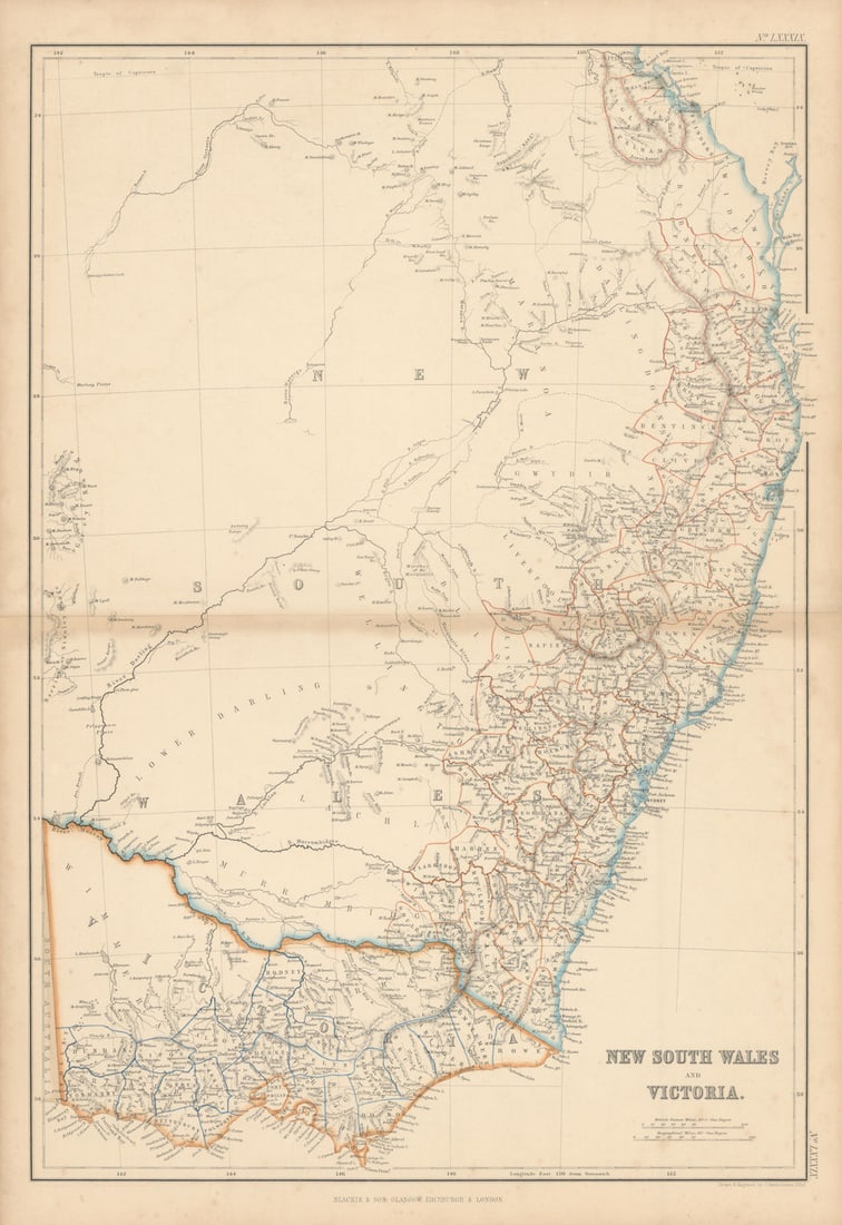 Queen's Land, New South Wales and Victoria. Queensland. BARTHOLOMEW 1860 map: New South Wales and Victoria' by Bartholomew, John. Published 1860. Antique engraved atlas map with original hand colour/color. Size 54 x 37 cm | 21.0 x 14.5 inches. Condition: Good; suitable for