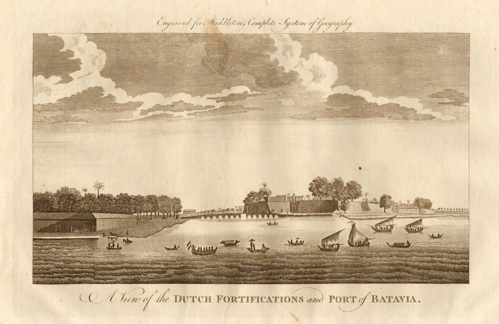 The Dutch fortifications & port of Batavia. Jakarta, Indonesia. MIDDLETON 1779: A view of the Dutch-Fortifications and Port of Batavia' by Middleton, Charles Theodore. Published 1779. Antique copperplate print. Size 20 x 31 cm | 8.0 x 12.0 inches. Condition: Good; suitable for
