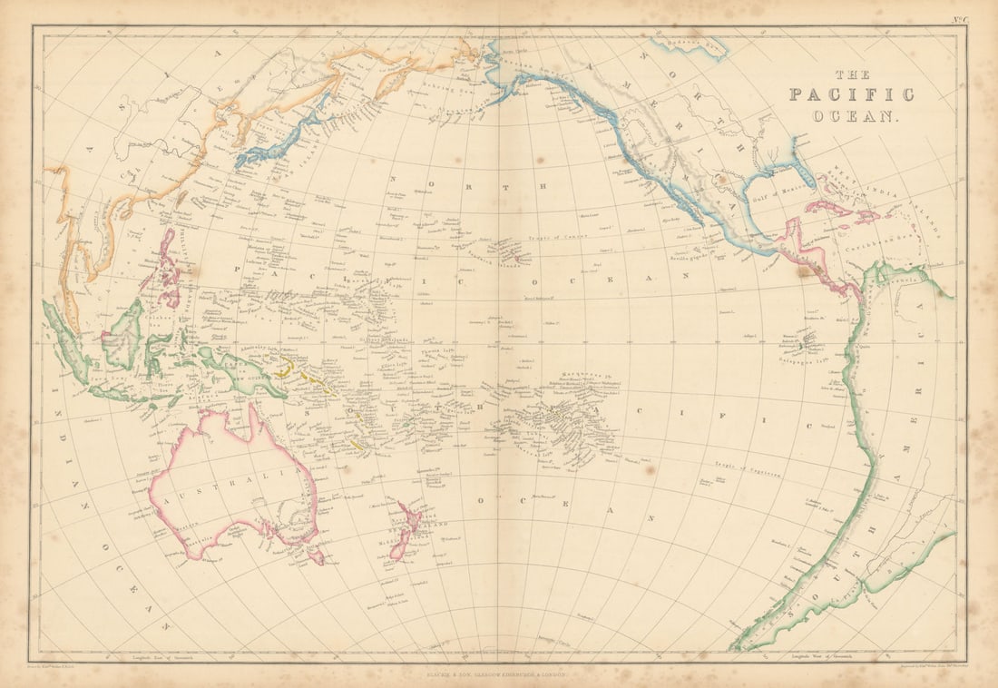 The Pacific Ocean by Edward Weller. Polynesia Micronesia Melanesia 1859 map: The Pacific Ocean'. New Zealand is divided into North and Middle Islands by Weller, Edward. Published 1859. Antique engraved atlas map with original hand colour/color. Size 37 x 53 cm | 14.5 x 21.0 in