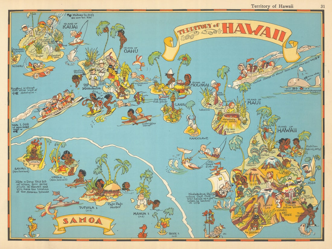 Hawaii & American Samoa. Pictorial state map by Ruth Taylor White 1935 old: Territory of Hawaii // [American] Samoa by Taylor White, Ruth. Published 1935. Vintage colour pictorial map. The buyer should aware be that the figurative depiction of certain groups - especially mino