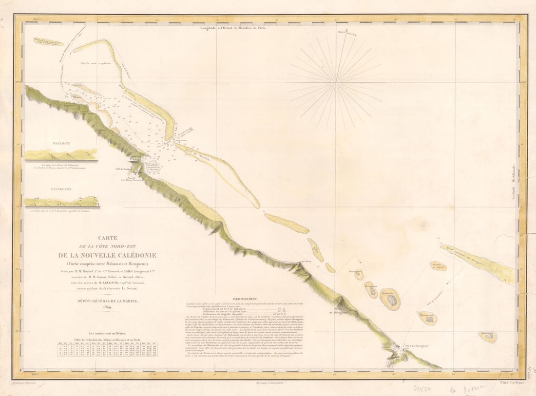 Côte Nord-Est de la Nouvelle Calédonie…'. ROUBET. New Caledonia 1849 old map: Carte de la Côte Nord-Est de la Nouvelle Calédonie (Partie comprise entre Mahamate et Hienguene)'. This French sea chart shows part of the north-east coast of New Caledonia from Hienghene
