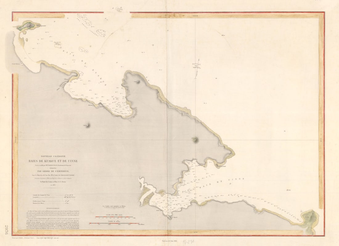 Nouvelle Caledonie. Baies de Kuakue et de Uinne'. CHAMBEYRON sea chart 1891 map: Nouvelle Calédonie Baies de Kuakue et de Uinne / Levées en 1861 par M. Chambeyron, Lieutenant de Vaisseau'. Nautical chart of Baie de Kouakoué and Baie Ouinné, New Caledonia by L