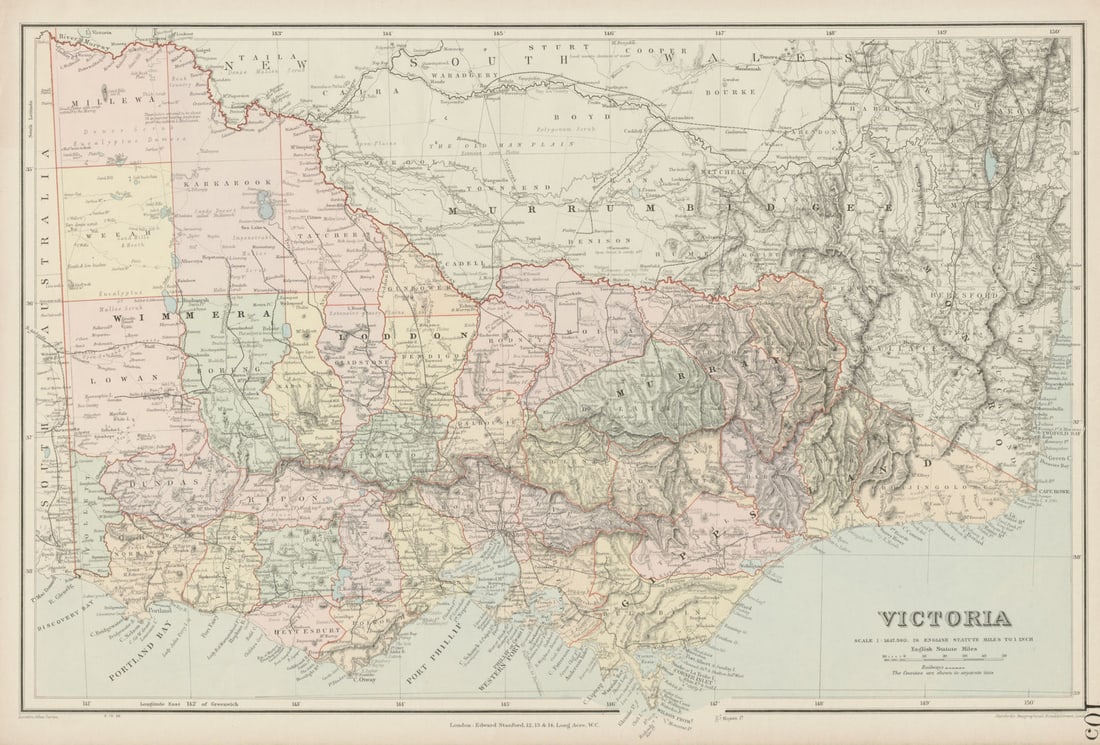 Victoria, Australia. Explorers routes. Landscape observations. STANFORD 1904 map: Victoria'. Stanford's Geographical Establishment. Published 1904. Large (folio) antique atlas map. Size 37 x 54 cm | 14.5 x 21.5 inches. Condition: Good; suitable for framing. Please check the scan