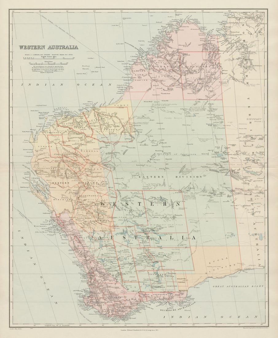Western Australia. Explorers' routes. Landscape observations. STANFORD 1904 map: Western Australia'. Stanford's Geographical Establishment. Published 1904. Large (folio) antique atlas map. Size 66 x 54 cm | 26.0 x 21.5 inches. Condition: Good; suitable for framing. Please check