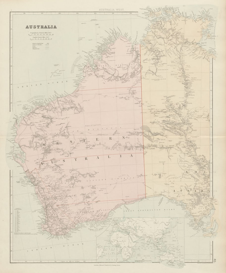 Western Australia. Districts. Explorers' routes. Large 66x55cm STANFORD 1887 map: Australia, west'. Stanford's Geographical Establishment. Published 1887. Large (folio) antique atlas map. Size 67 x 55 cm | 26.0 x 21.5 inches. Condition: Good; suitable for framing. Please check the