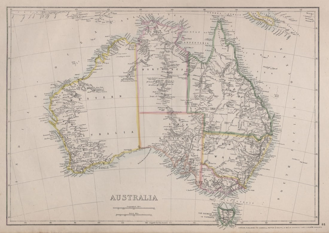 AUSTRALIA. Colony of North Australia (Northern Territory). WELLER 1868 old map: Australia'. Drawn & Engraved by Edwd. Weller. Published 1868. Antique map with original outline colour. Size 31 x 44 cm | 12.0 x 17.0 inches. Condition: Good; suitable for framing. The image shown may