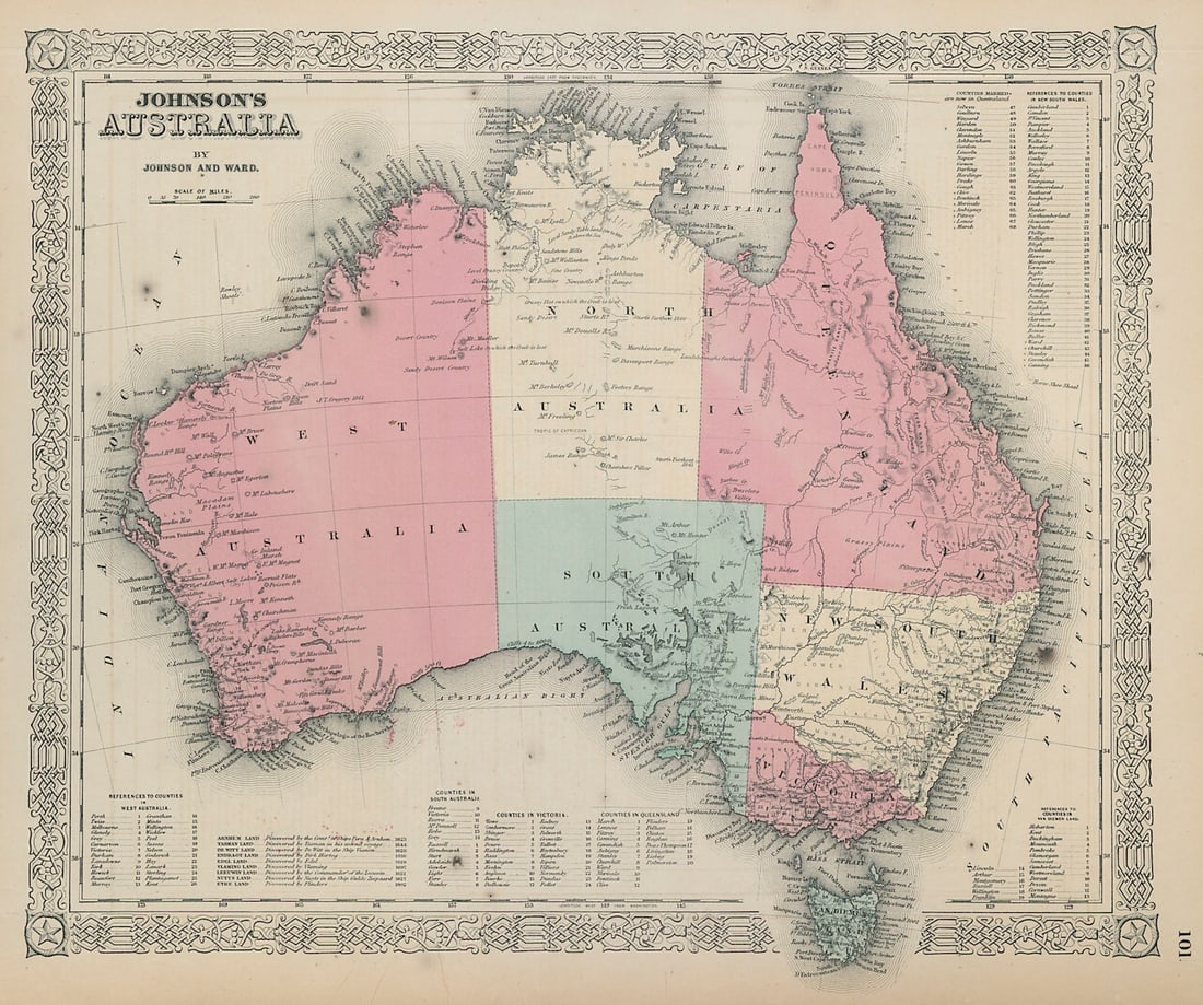 Johnson's Australia showing states 1865 old antique vintage map plan chart: Johnson's Australia' by Johnson, Alvin Jewett. Published 1865. Large, decorative hand coloured 19th century atlas map. Size 35 x 42 cm | 14.0 x 16.5 inches. Condition: Good; suitable for framing.