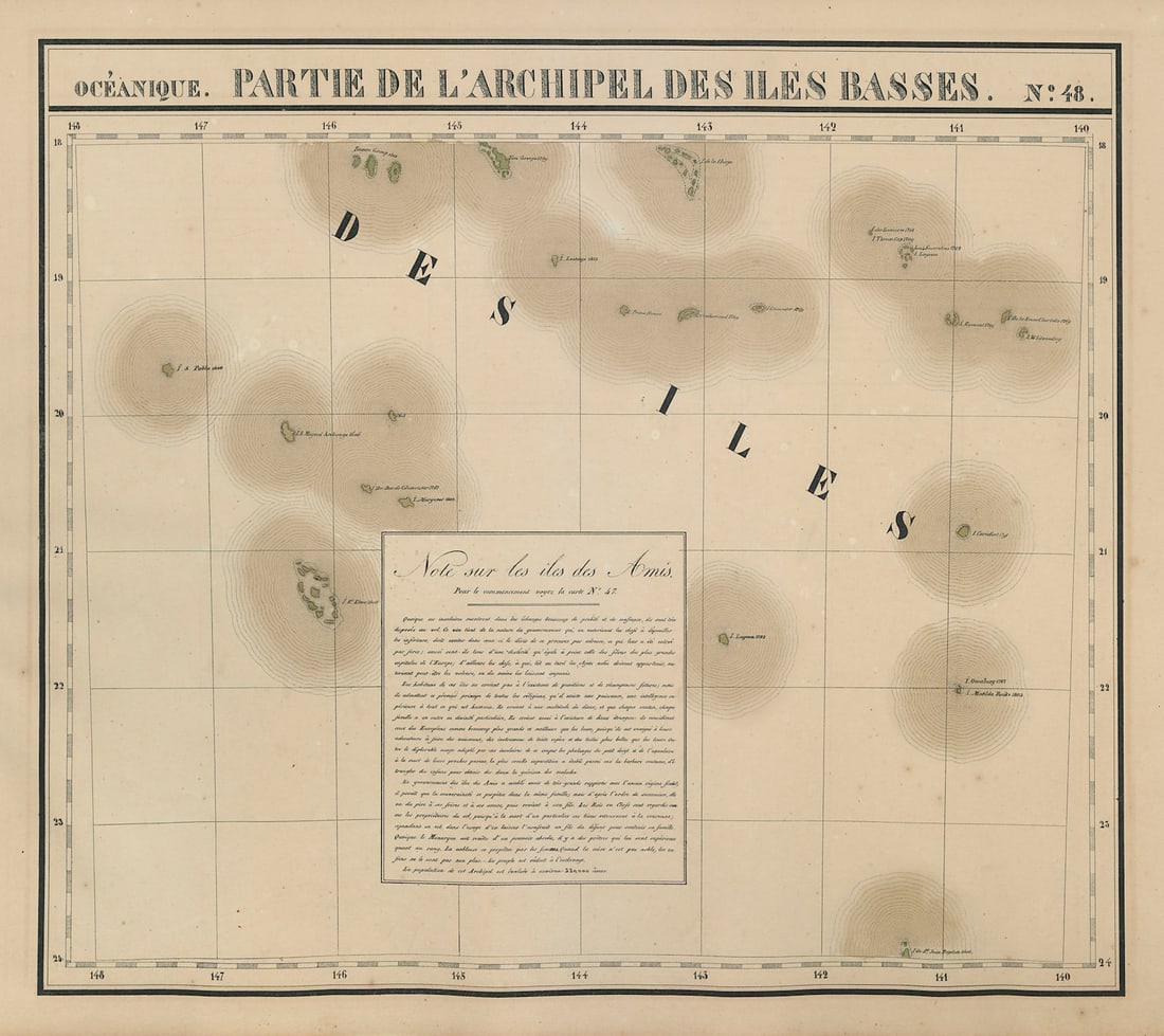 Océanique Partie… des Iles Basses 48 SE Tuamotus Polynesia VANDERMAELEN 1827 map: Océanique - Partie de l'Archipel des Iles Basses [Note sur les îles des Amis] - No. 48. The southeastern part of the Tuamotu archipelago in French Polynesia, including the Duke of