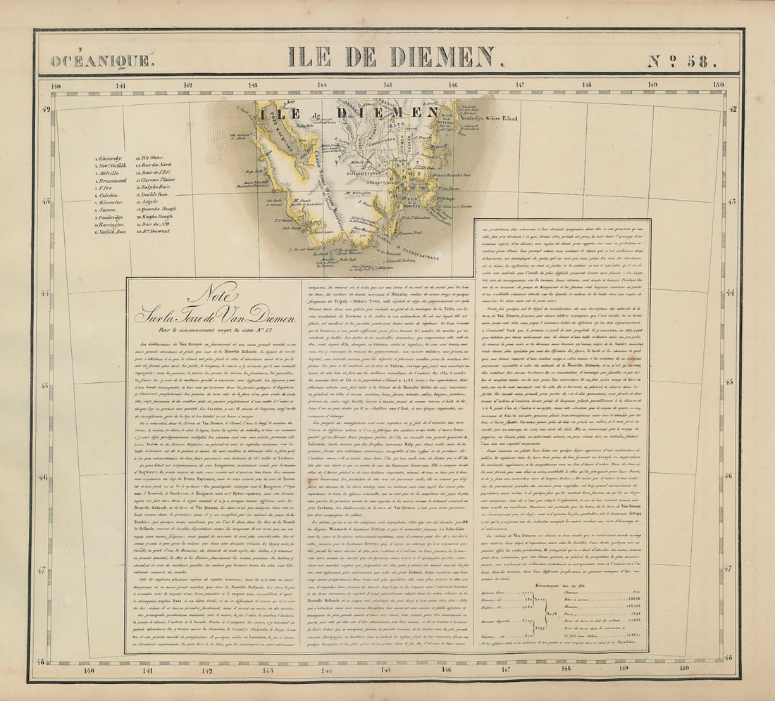 Océanique. Ile de Diemen #58. South Tasmania. VANDERMAELEN 1827 old map: Océanique - Ile de Diemen [Note sur la Terre de Van Diemen] - No. 58. Philippe Marie Guillaume Vandermaelen. Lithography by Henri Ode. Published 1827. Antique folio-sized lithographic atlas map,