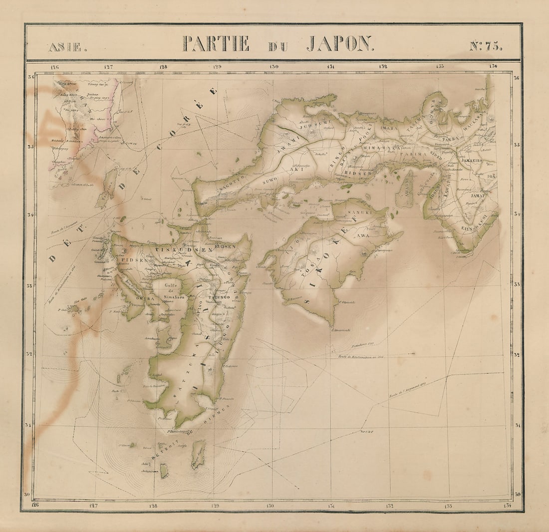 Asie. Japon #75 SW Japan Kyushu Shikoku Chugoku Korea VANDERMAELEN 1827 map: Asie - Partie du Japon - No. 75'. Kyushu, Shikoku, Chugoku & Kansai in western Honshu and southeastern Korea. Shows explorers' routes . Philippe Marie Guillaume Vandermaelen. Lithography by Henri