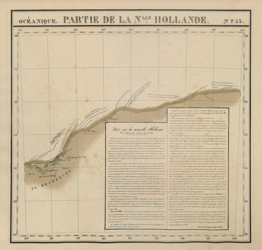 Océanique Partie… Nle Hollande #53 W Australia Goldfields. VANDERMAELEN 1827 map: Océanique - Partie de la Nouvelle Hollande [Note sur la nouvelle Hollande] - No. 53. The coast of the Goldfields-Esperance region of Western Australia, between Cape Le Grand and the South