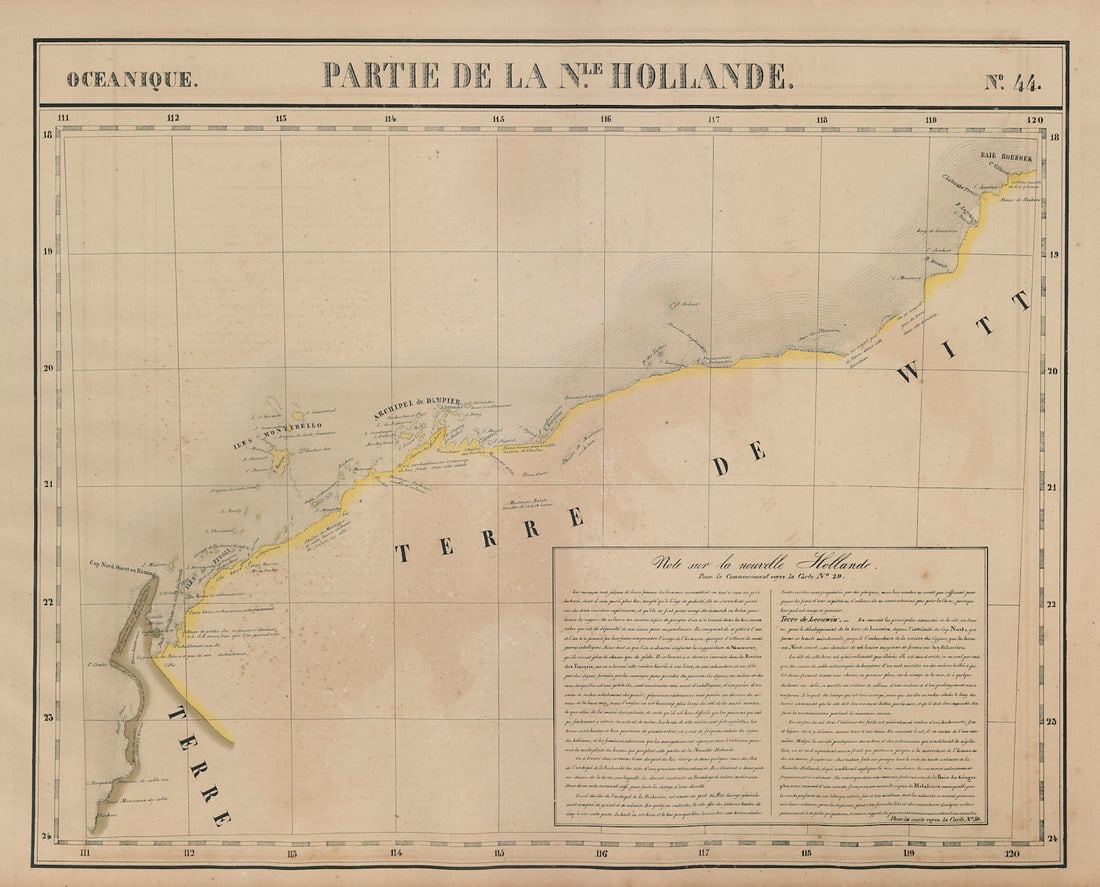 Océanique. Partie de la Nle Hollande #44 Western Australia VANDERMAELEN 1827 map: Océanique - Partie de la Nouvelle Hollande [Note sur la nouvelle Hollande] - No. 44. The Pilbara coast of Western Australia, with adjacent parts of Kimberley & Gascoyne . Philippe Marie