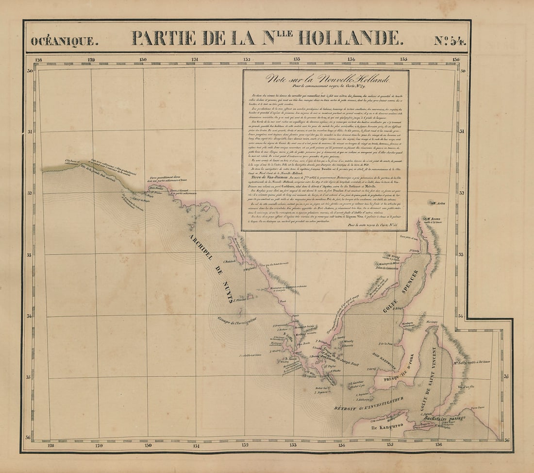 Océanique. Partie… Nlle Hollande #54 South Australia coast VANDERMAELEN 1827 map: Océanique - Partie de la Nouvelle Hollande [Note sur la nouvelle Hollande] - No. 54. The coast of South Australia, including the Spencer Gulf, the Gulf of St Vincent, Kangaroo Island, and the loc