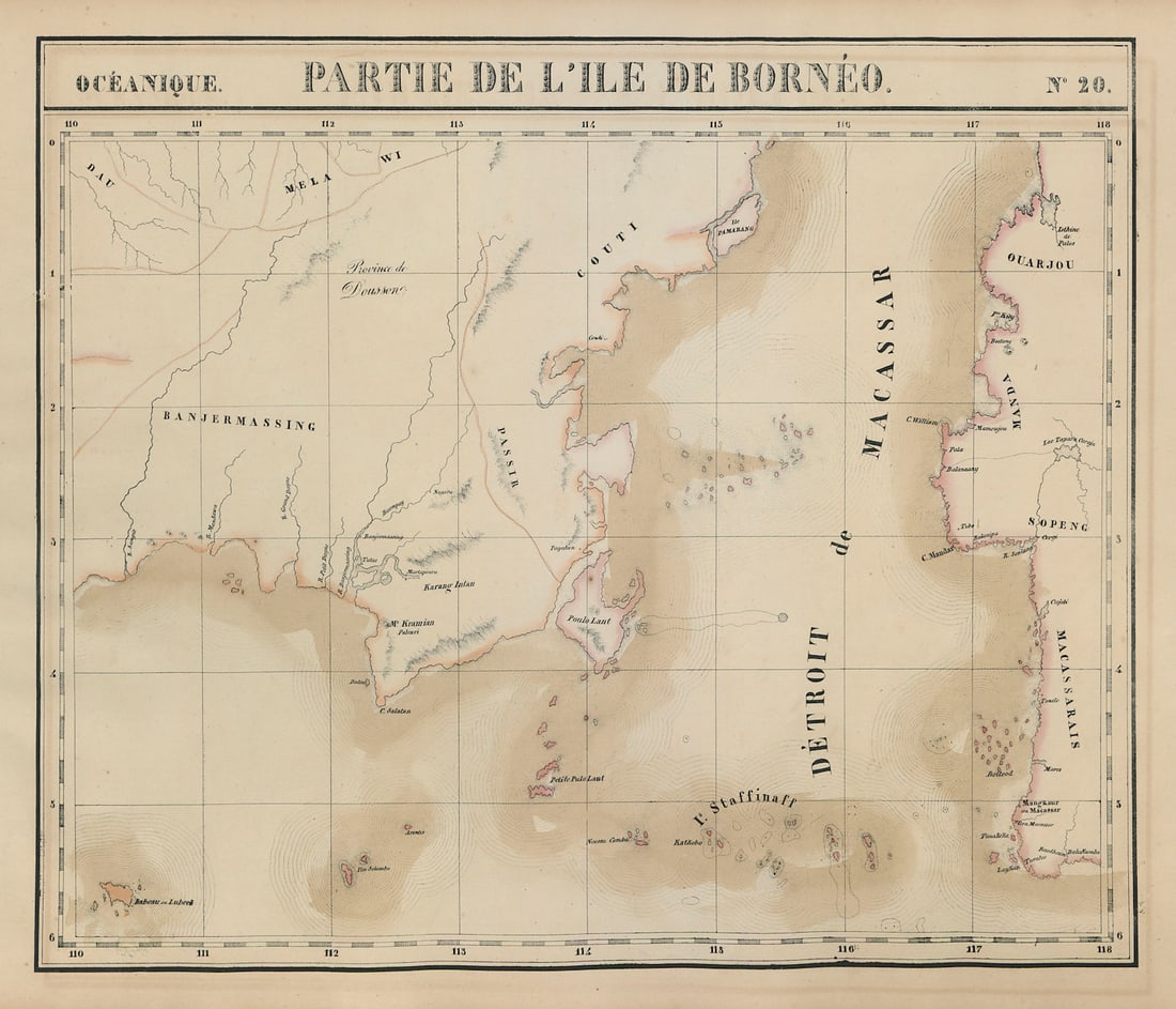 Océanique. Partie de l'ile de Bornéo #20. Sulawesi. VANDERMAELEN 1827 old map: Océanique - Partie de l'ile de Bornéo - No. 20'. South and East Kalimantan, Borneo, and the western coast of Sulawesi / Celebes . Philippe Marie Guillaume Vandermaelen. Lithography by Henri