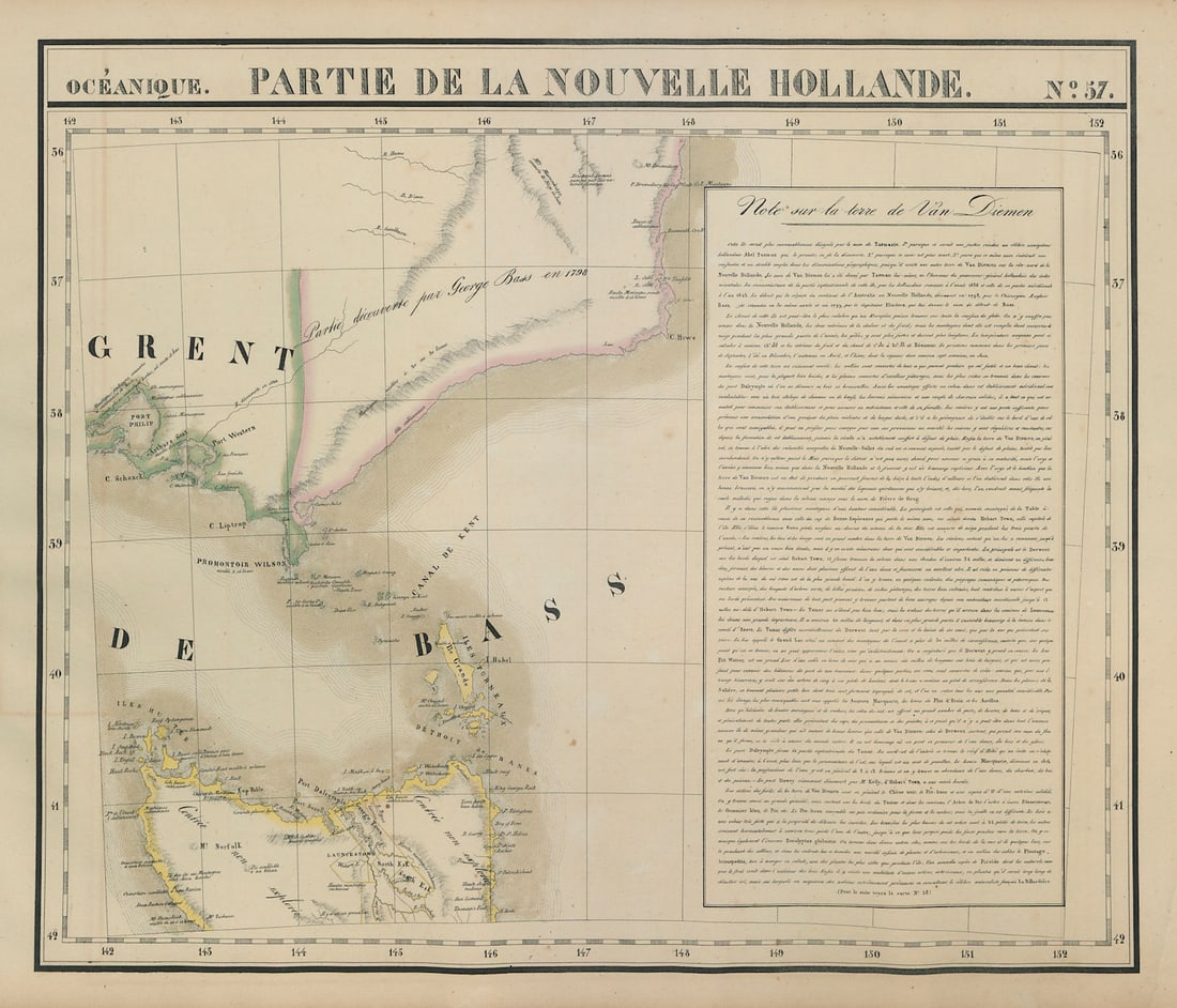 Océanique. Partie… Nlle Hollande #57. Victoria Tasmania. VANDERMAELEN 1827 map: Océanique - Partie de la Nouvelle Hollande [Note sur la Terre de Van Diemen] - No. 57. The north part of Tasmania, the Bass Strait, and part of Victoria including Port Philip and the location of
