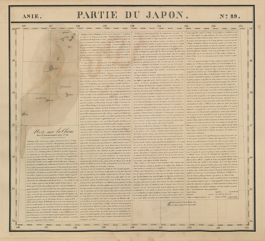 Asie. Partie du Japon #89 Amami/Ryukyu Islands Japan. VANDERMAELEN 1827 map: Asie - Partie du Japon [Note sur la Chine] - No. 89. The Amami Islands, Satsunan Islands, Ryukyu Islands. Includes lengthy "Note sur la Chine. Pour le commencement voyez no. 88." . Philippe Marie
