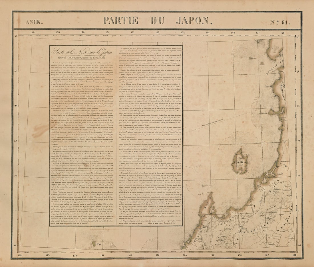 Asie. Partie du Japon #61 Japan. West-central Honshu coast VANDERMAELEN 1827 map: Asie - Partie du Japon [Suite de la Note sur le Japon] - No. 61. The west-central coast of Honshu and part of southern Hokkaido. Shows sea routes of Krusenstern in 1805. Includes "Suite de la Note