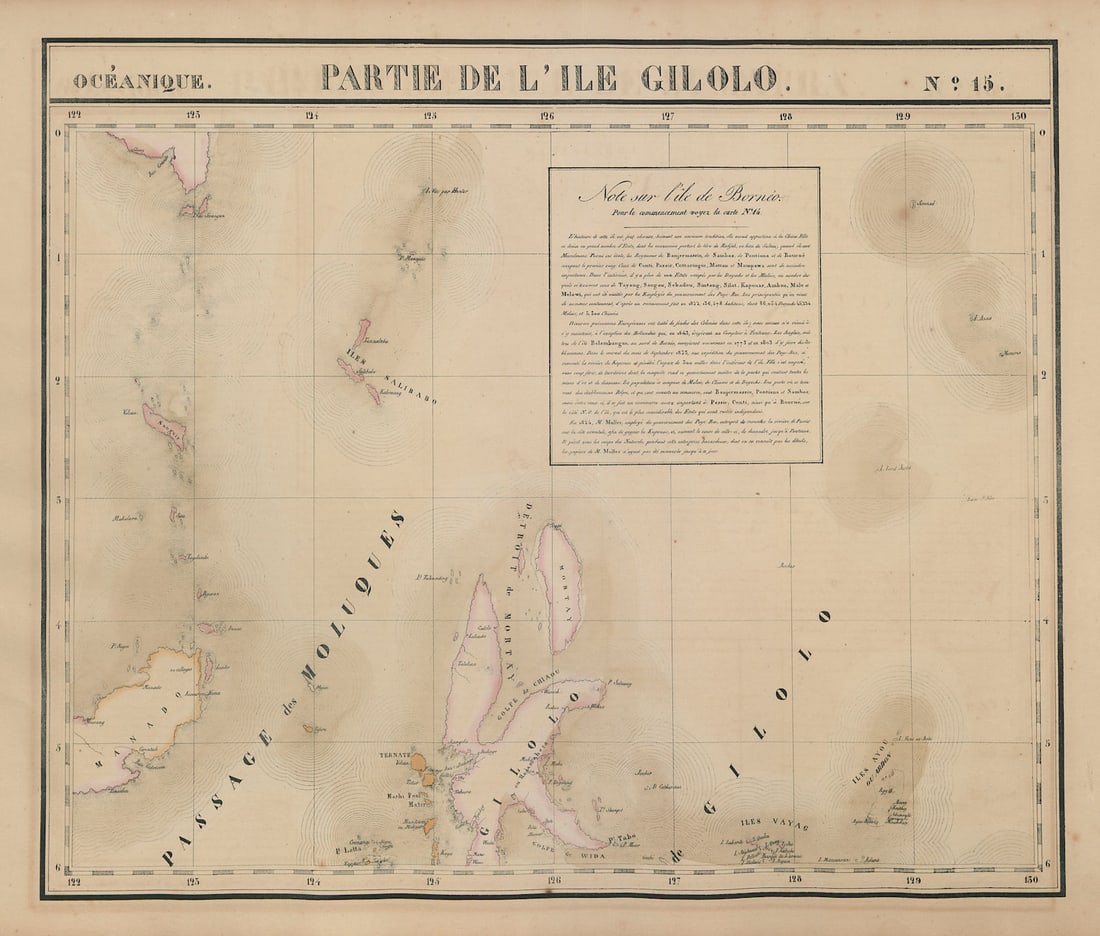 Océanique. Partie de l'Ile Gilolo #15. Halmahera & Manado. VANDERMAELEN 1827 map: Océanique - Partie de l'Ile Gilolo [Note sur l'île de Bornéo] - No. 15. Manado, North Sulawesi, the northern Moluccas including Halmahera and Ternate, and the southern tip of Mindanao,