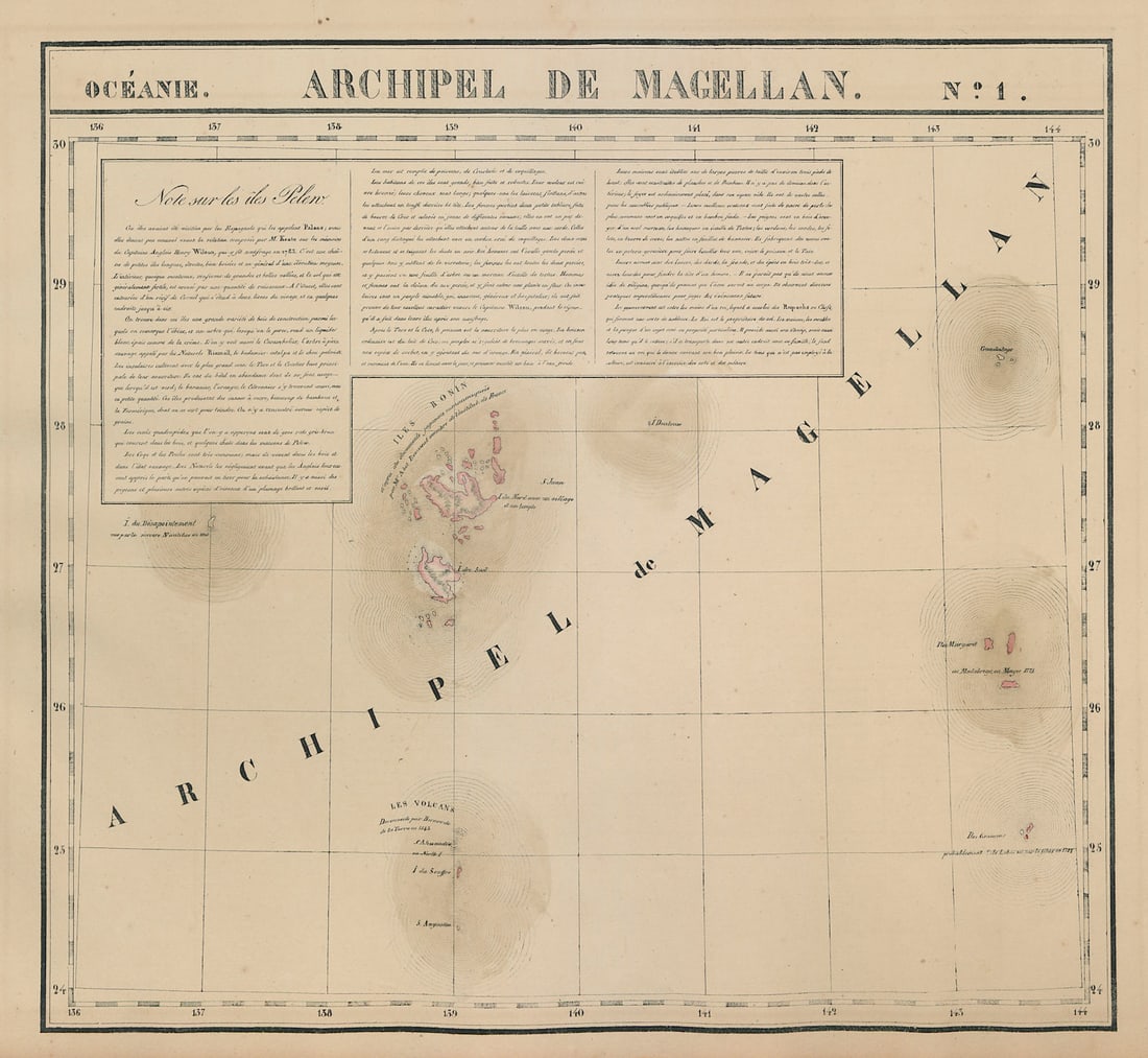 Océanie. Archipel de Magellan #1. Bonin Ogasawara Islands. VANDERMAELEN 1827 map: Océanie - Archipel de Magellan [Note sur les îles Pelew] - No. 1. The Japanese Bonin or Ogasawara Islands. Inset is a description of the Palau islands . Philippe Marie Guillaume Vandermaelen