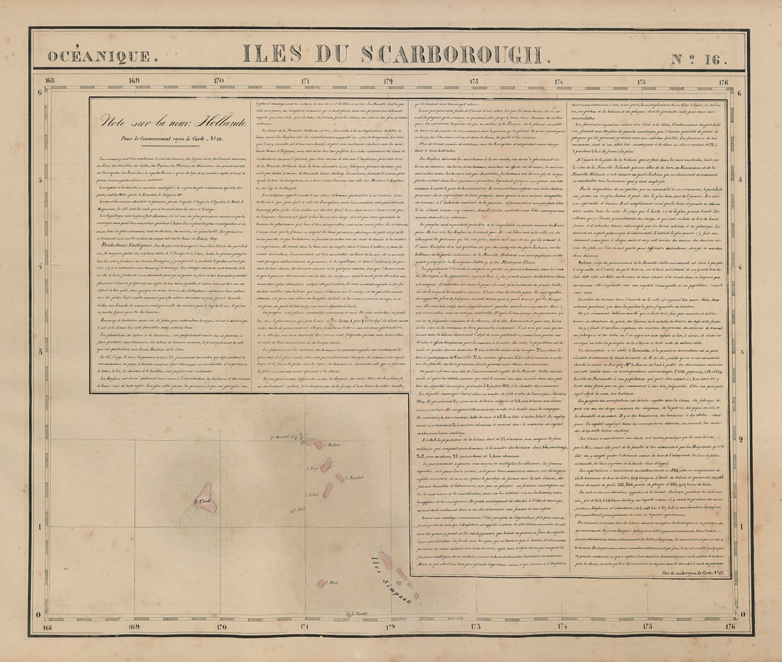 Océanique Iles du Scarborough #16 Gilbert Islands Kiribati VANDERMAELEN 1827 map: Océanique - Iles du Scarborough [Note sur la nouvelle Hollande] - No. 16. The Gilbert Islands, part of Kiribati. Inset is a continuation of the description of Australia . Philippe Marie Guillaume