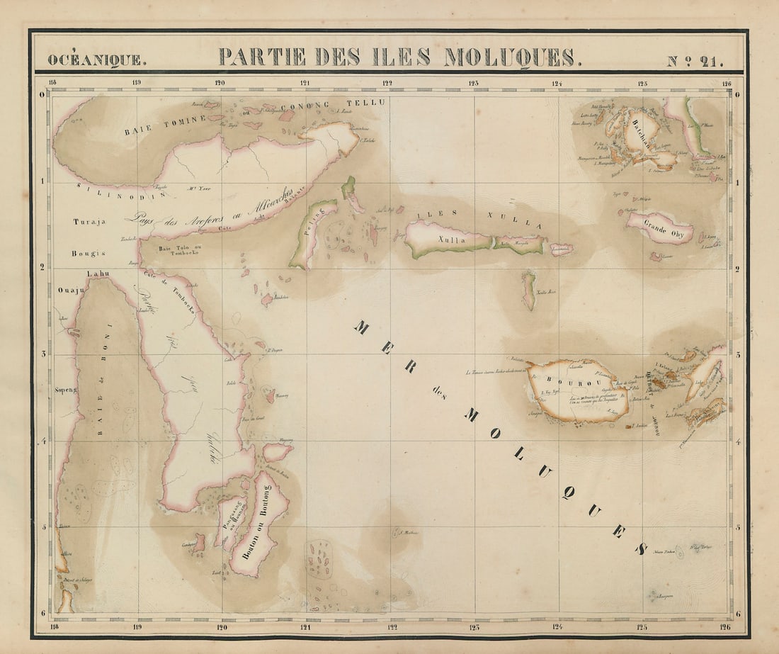 Océanique. Partie des Iles Moluques #21. Sulawesi Moluccas VANDERMAELEN 1827 map: Océanique - Partie des Iles Moluques - No. 21'. Central and Eastern Sulawesi (Celebes) and the western Moluccas . Philippe Marie Guillaume Vandermaelen. Lithography by Henri Ode. Published 1827. 