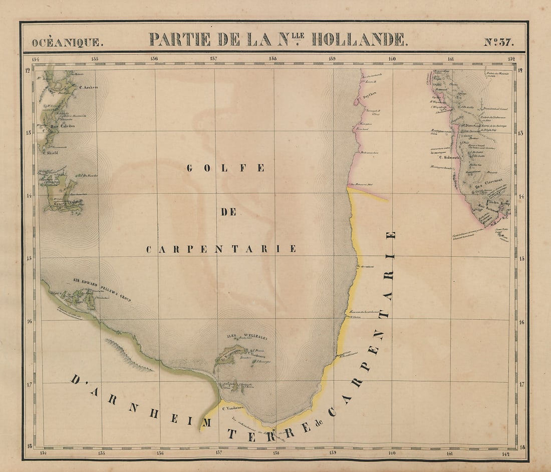 Océanique. Partie de la Nlle Hollande #37 Carpentaria Gulf VANDERMAELEN 1827 map: Océanique - Partie de la Nouvelle Hollande - No. 37'. The Gulf of Carpentaria and the adjacent coasts of Northern Territory and Queensland, including parts of Katherine and Arnhem land, and the