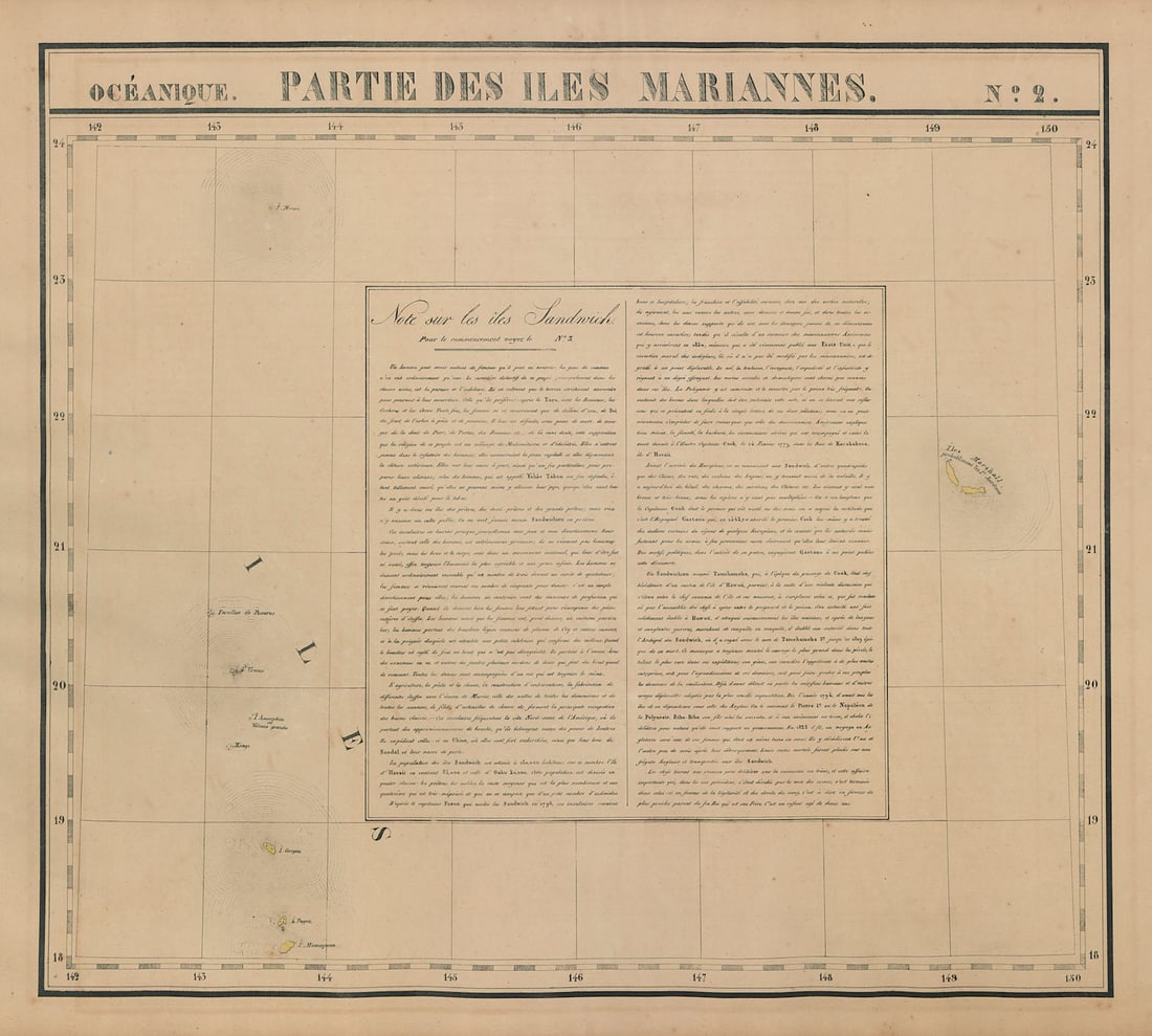 Océanique. Partie… Iles Mariannes #2 North Mariana Islands VANDERMAELEN 1827 map: Océanique - Partie des Iles Mariannes [Note sur les îles Sandwich] - No. 2. The northern Mariana Islands, from Alamagan northwards . Philippe Marie Guillaume Vandermaelen. Lithography by