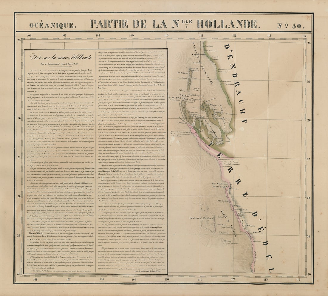 Océanique. Nlle Hollande 50 Gascoyne Western Australia VANDERMAELEN 1827 map: Océanique - Partie de la Nouvelle Hollande [Note sur la nouvelle Hollande] - No. 50. The coast of the Gascoyne and Mid-West regions of Western Australia, including Shark Bay . Philippe Marie
