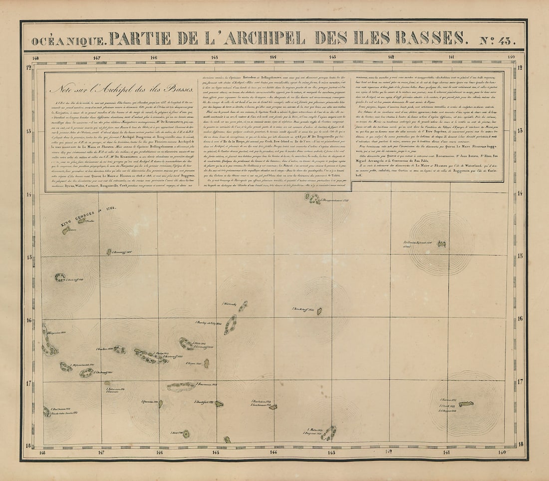 Océanique Partie… des Iles Basses 43 NE Tuamotus Polynesia VANDERMAELEN 1827 map: Océanique - Partie de l'Archipel des Iles Basses [Note sur l'Archipel des îles Basses] - No. 43. The northeastern part of the Tuamotu archipelago of French Polynesia, including Makemo and