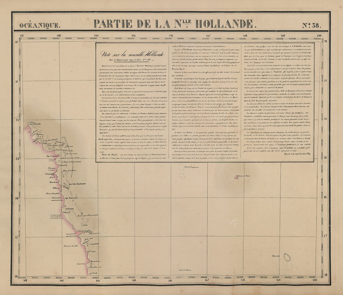 Océanique. Partie de la Nlle Hollande #38 Queensland coast VANDERMAELEN 1827 map: Océanique - Partie de la Nouvelle Hollande [Note sur la Nouvelle Hollande] - No. 38. The Queensland coast between Cape Melville and Cairns . Philippe Marie Guillaume Vandermaelen. Lithography by