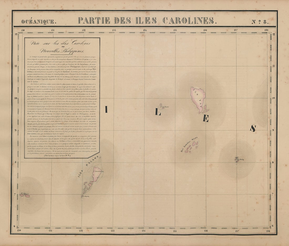 Océanique. Partie des Iles Carolines #8. Palau Micronesia. VANDERMAELEN 1827 map: Océanique - Partie des Iles Carolines [Note sur les îles Carolines ou nouvelles Philippines] - No. 8. Palau and the western part of the Caroline Islands in Micronesia, including Yap .
