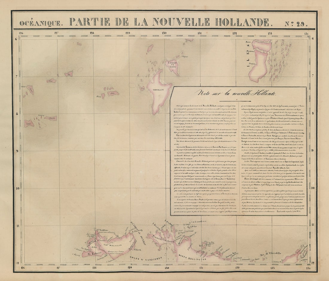 Océanique Partie de la Nlle Hollande 29 Northern Territory VANDERMAELEN 1827 map: Océanique - Partie de la Nouvelle Hollande [Note sur la nouvelle Hollande] - No. 29. The northern extremity of the Top End of Australia's Northern Territory, including the Tiwi Islands, Darwin,