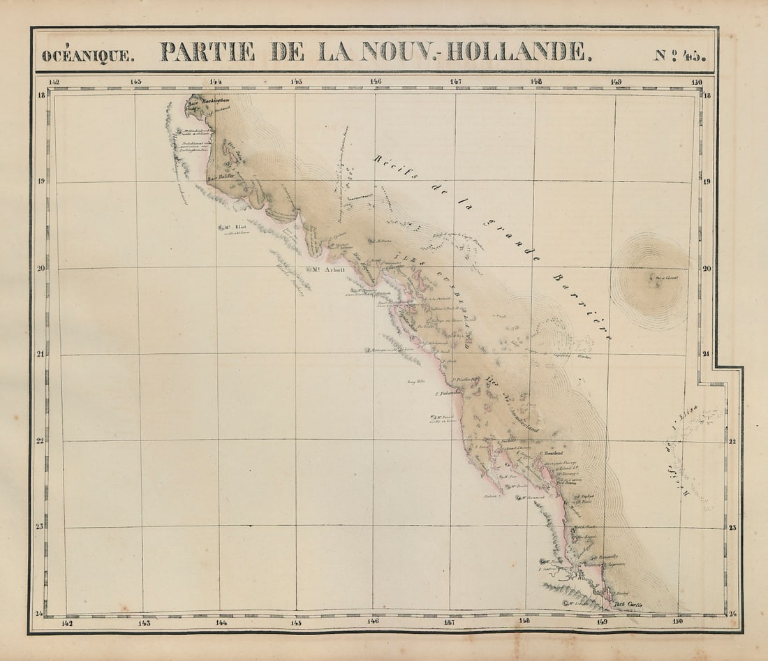 Océanique. Partie de la Nouv Hollande #45 Queensland coast VANDERMAELEN 1827 map: Océanique - Partie de la Nouvelle Hollande - No. 45'. The Queensland coast between Hinchinbrook Island and Rockingham . Philippe Marie Guillaume Vandermaelen. Lithography by Henri Ode. Published 