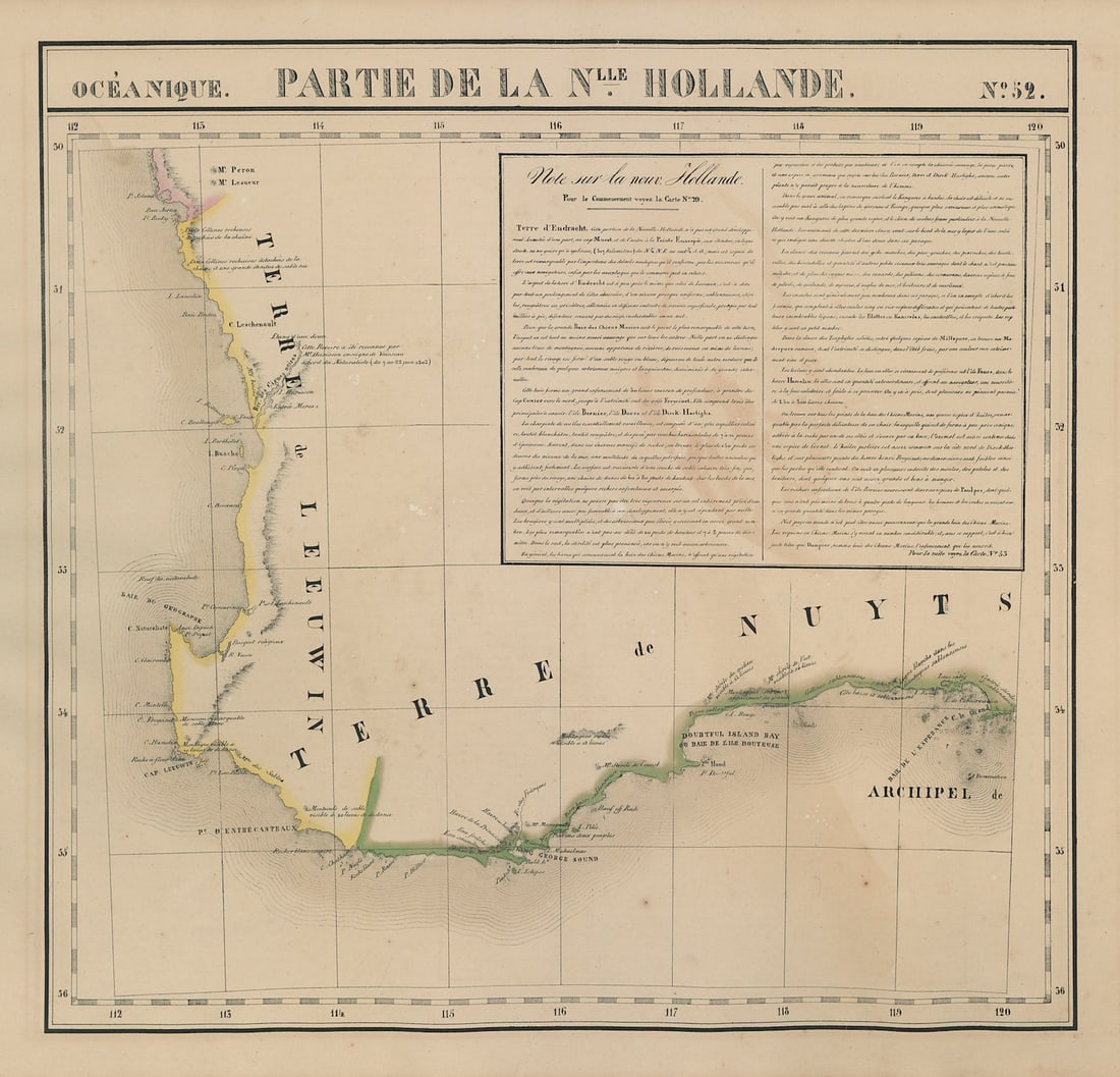 Océanique. Partie… Nle Hollande #52. Western Australia SW. VANDERMAELEN 1827 map: Océanique - Partie de la Nouvelle Hollande [Note sur la nouvelle Hollande] - No. 52. The southwestern coast of Western Australia, between Green Head and Esperance, including the regions of Perth,