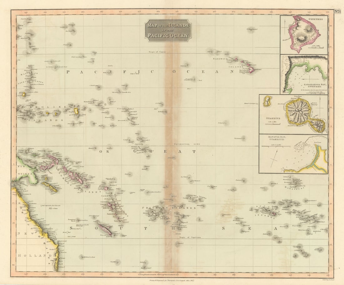 Islands in the Pacific Ocean. Owhyhee/Hawaii Otaheite/Tahiti. THOMSON 1817 map: Map of the islands in the Pacific Ocean. Owhyhee. Karakakooa Bay, Owhyhee. Otaheite. Matavia Bay, Otaheite'. Drawn & engraved by Samuel John Neele for John Thomson's "New General Atlas". Published