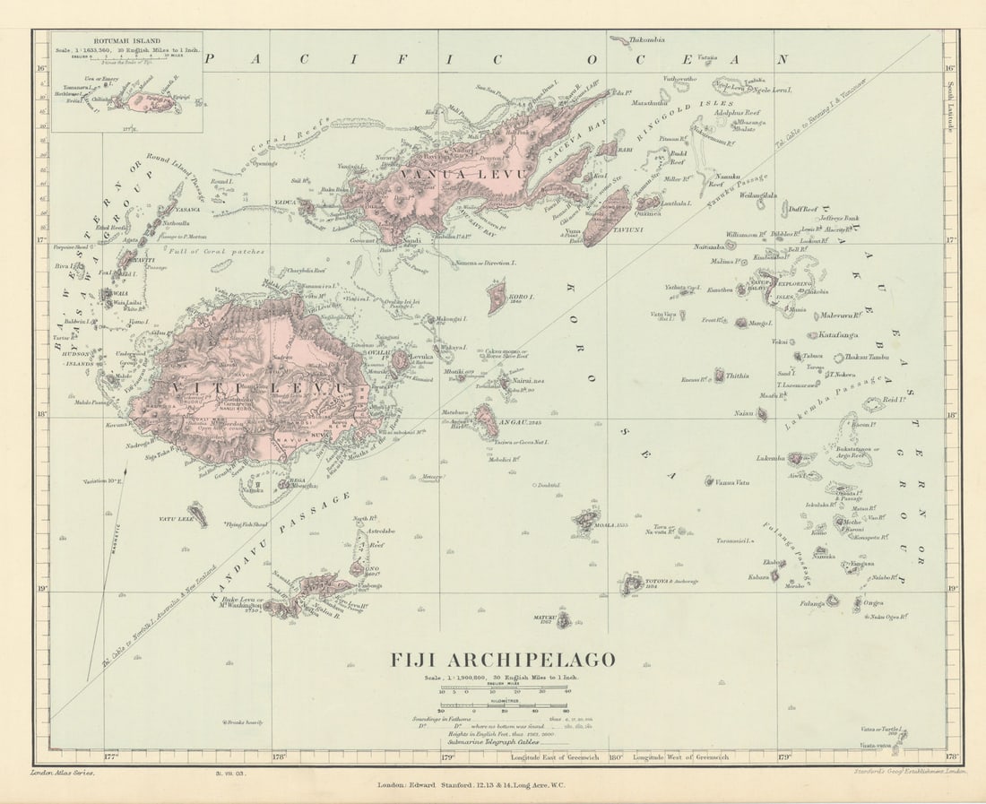 Tasmania / Fiji Archipelago. Vanua Levu. Viti Levu. STANFORD 1904 old map: Fiji Archipelago'. Stanford's Geographical Establishment. Published 1904. Large (folio) antique atlas map. Size 27 x 33 cm | 10.5 x 13.0 inches. Condition: Good; suitable for framing. Please check