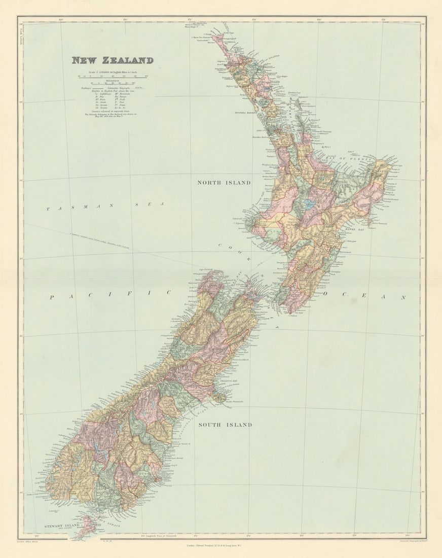 New Zealand. Counties. Railways. Large 64x50cm. STANFORD 1904 old antique map: New Zealand'. Stanford's Geographical Establishment. Published 1904. Large (folio) antique atlas map. Size 64 x 50 cm | 25.0 x 19.5 inches. Condition: Good; suitable for framing. The image shown may