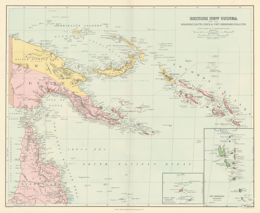 British New Guinea. Solomon Islands New Hebrides Melanesia. STANFORD 1904 map (1 of 1)