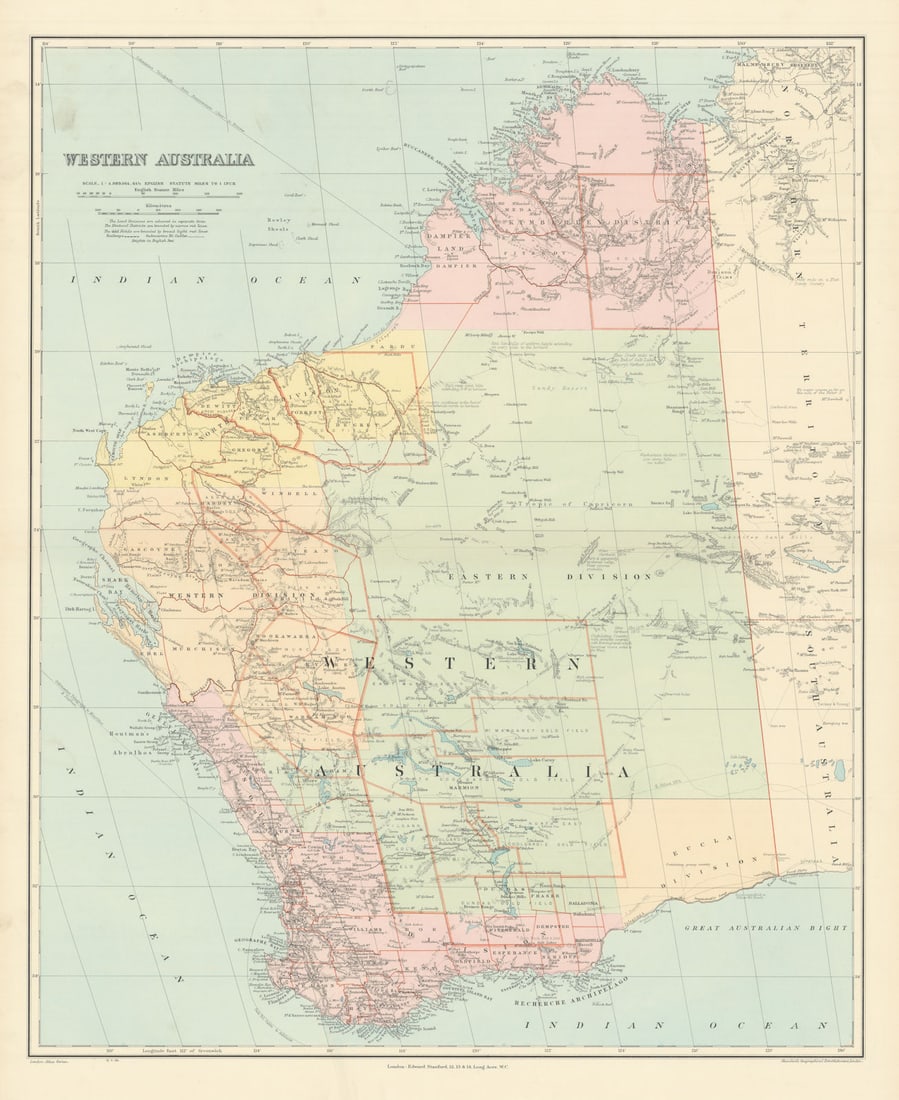 Western Australia. Districts. Explorers' routes. Large 66x55cm STANFORD 1904 map: Western Australia'. Stanford's Geographical Establishment. Published 1904. Large (folio) antique atlas map. Size 67 x 55 cm | 26.0 x 21.5 inches. Condition: Fair: Blemish. Please note any other